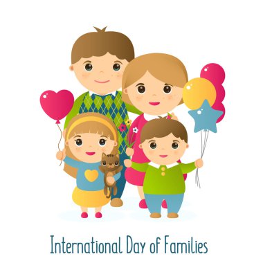 Vector illustration with the image of people. A happy family of four and a cat. Holiday International day of Families. Children hold balloons in their hands. Mom and Dad are in an embrace. clipart
