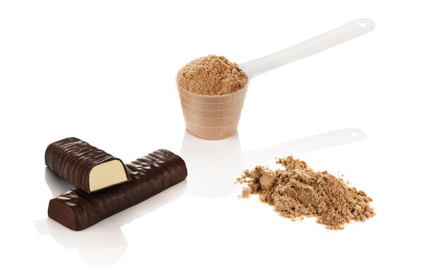 Scoop of whey protein isolated on white background. Chocolate flawour