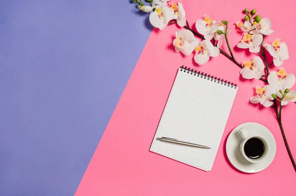 Flat lay foto di una donna freelancer creativo scrivania spazio di lavoro con lo sfondo spazio copia . — Foto Stock