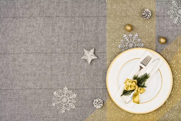 Weihnachten Tischplatte Ansicht. Leinen Tischdecke Textur Hintergrund. — Stockfoto