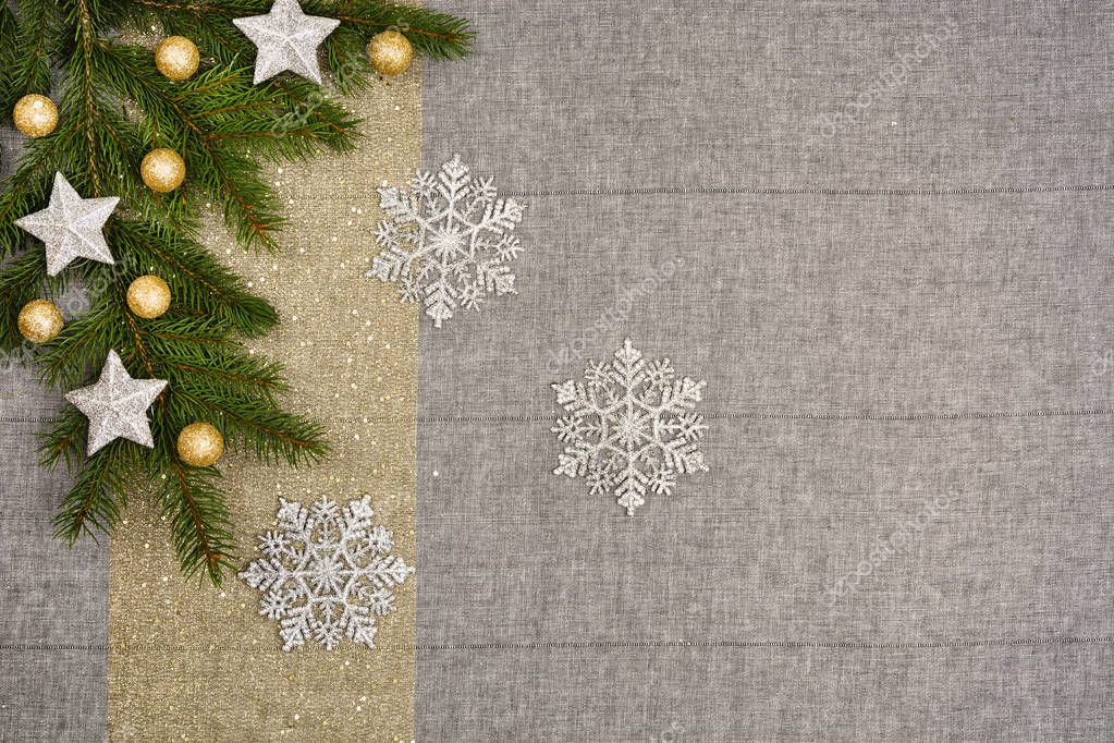 Christmas table top view. Linen tablecloth background. by 129435454
