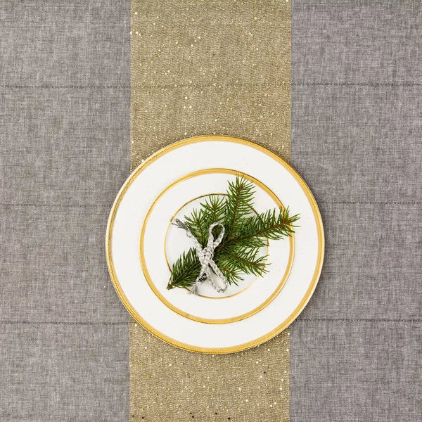 Weihnachten Tischplatte Ansicht. Leinen Tischdecke Textur Hintergrund. — Stockfoto