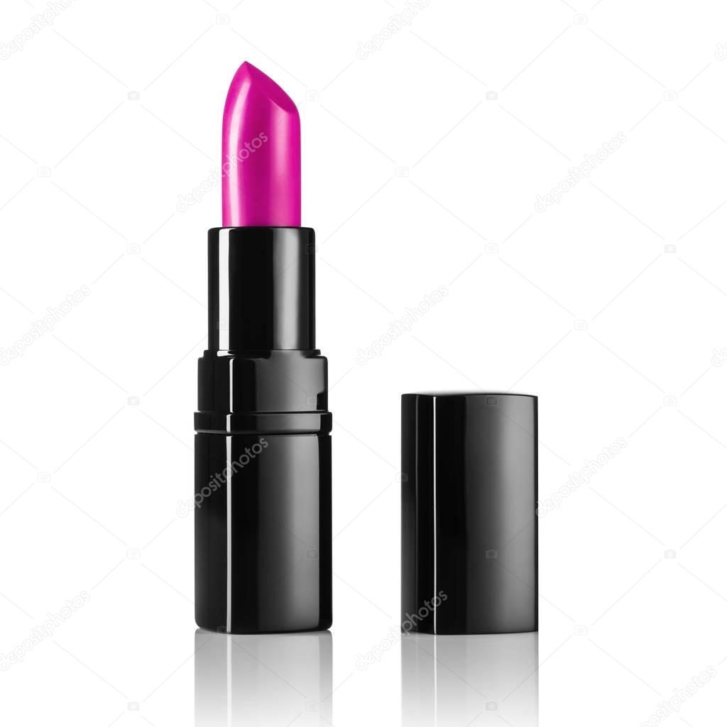 Pink lipstick on white, reflective, mirror background.