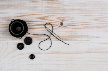 Dikiş ve örgü araçları ile arka plan. Üstten Görünüm