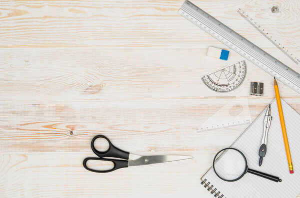 Office school table or desk seen from above. Top view