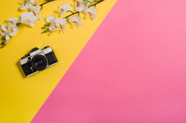 Renkli grafik arka plan üzerinde aksesuarları ile Beach Üstten Görünüm