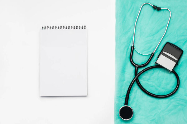 Doctors desk with medical accessories and products. Top view photograph