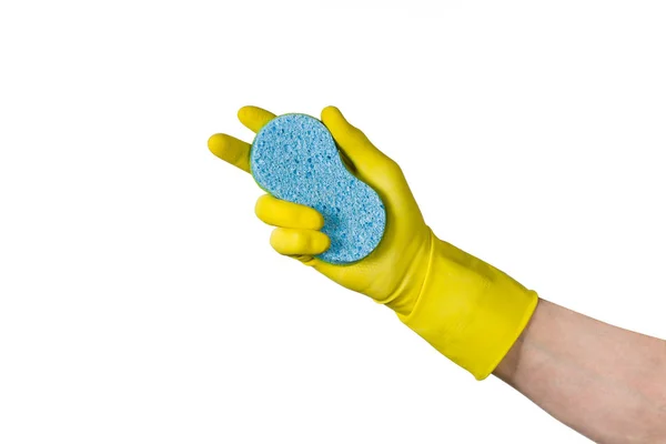 Hand cleaning window or glass with sponge on white background — Stock Photo, Image