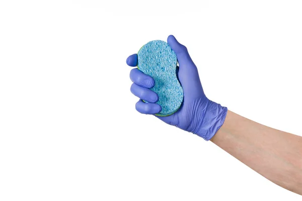 Janela de limpeza das mãos ou vidro com esponja sobre fundo branco — Fotografia de Stock