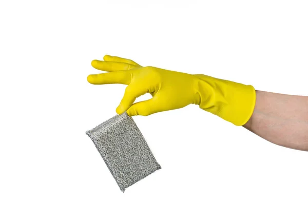 Hand with teflon cleaning sponge on white background — Stock Photo, Image