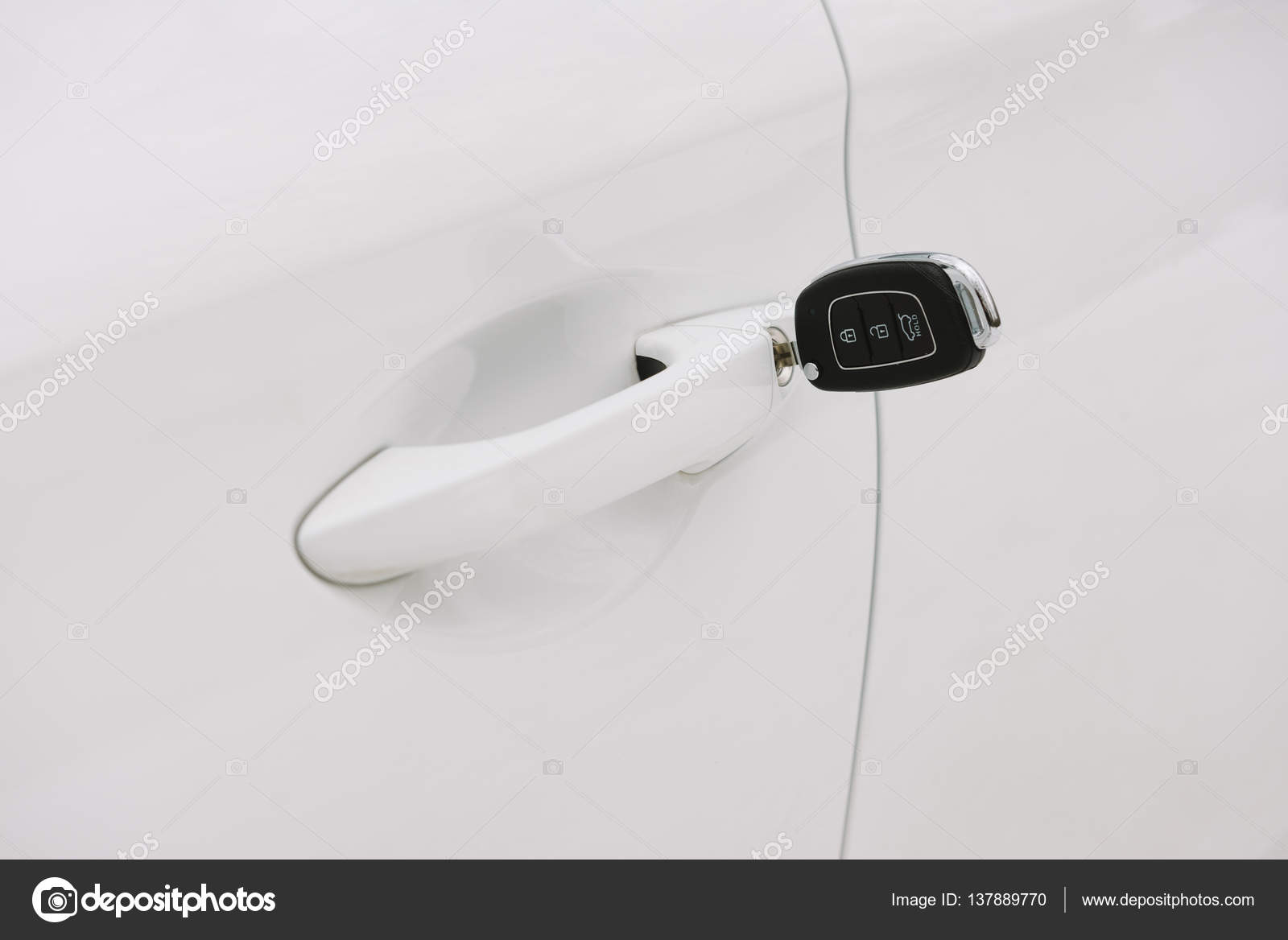 Car Keys In White Door Lock Closeup With Copy Space Stock