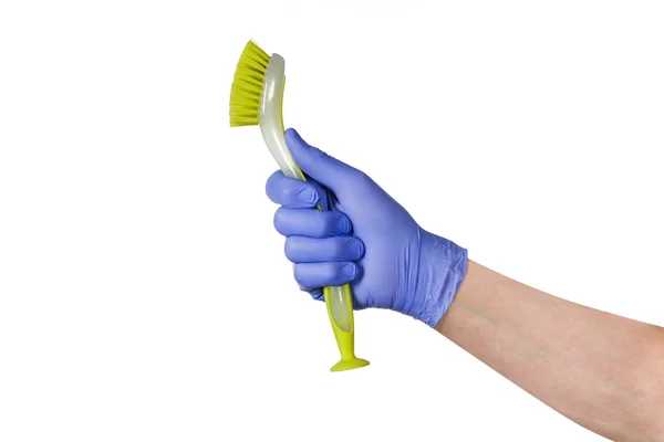Mão com escova de limpeza isolada sobre fundo branco — Fotografia de Stock