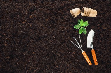 Bahçe Bahçe toprak doku arka plan üstten görünüm araçları