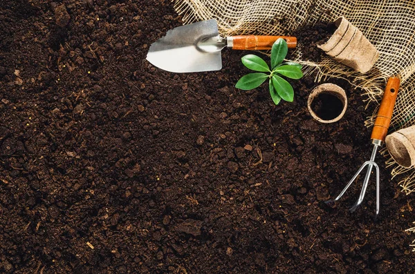 Herramientas de jardinería en el jardín textura del suelo fondo vista superior — Foto de Stock