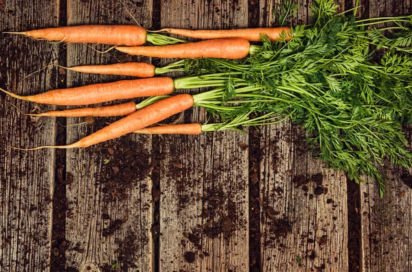 Makanan sayur mentah, wortel top view pada latar belakang kayu tua — Stok Foto