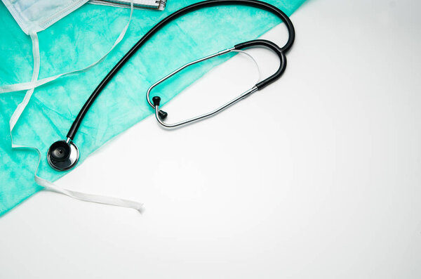 Doctors desk with medical accessories and products. Top view photograph