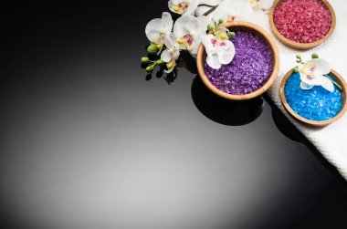 Siyah arka plan üzerine Spa kavramı. Kopya alanı ile Üstten Görünüm