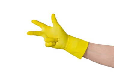 Erkek el sarı beyaz izole kauçuk eldiven Temizleme