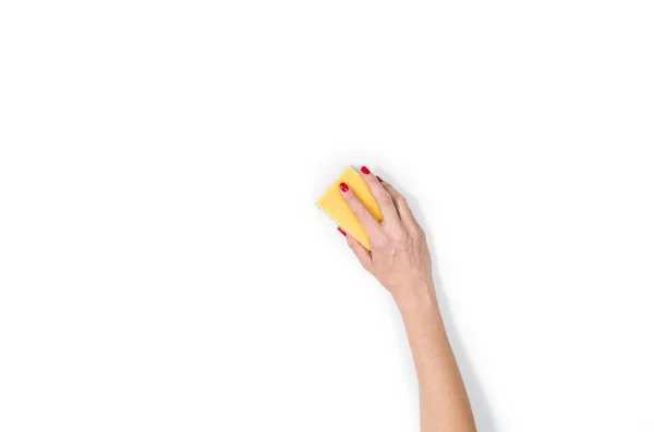 Γυναικείο χέρι καθαρισμού απομονωθεί σε λευκό φόντο — Φωτογραφία Αρχείου