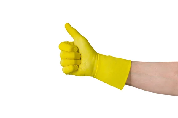 Male hand in yellow cleaning rubber glove isolated on white — Stock Photo, Image