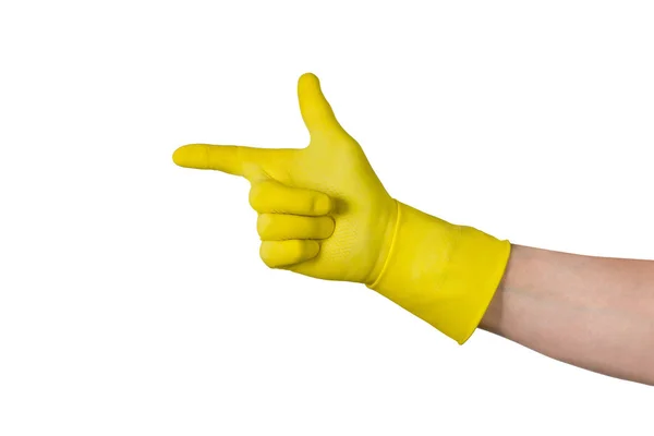 Mão masculina em luva de borracha de limpeza amarela isolada em branco — Fotografia de Stock