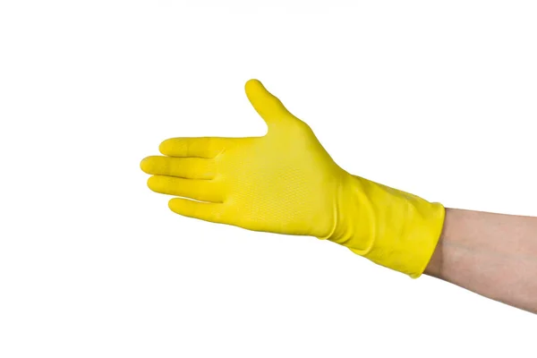 Férfi kézi tisztítás elszigetelt fehér gumi kesztyű sárga — Stock Fotó