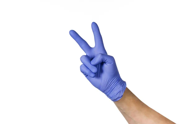 Erkek el mavi üzerine beyaz izole lateks eldiven Temizleme — Stok fotoğraf