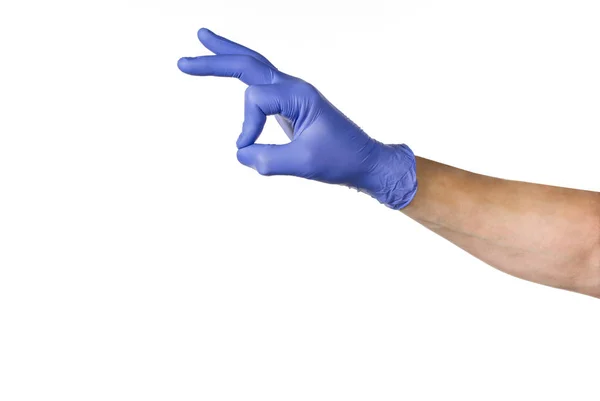 Erkek el mavi üzerine beyaz izole lateks eldiven Temizleme — Stok fotoğraf