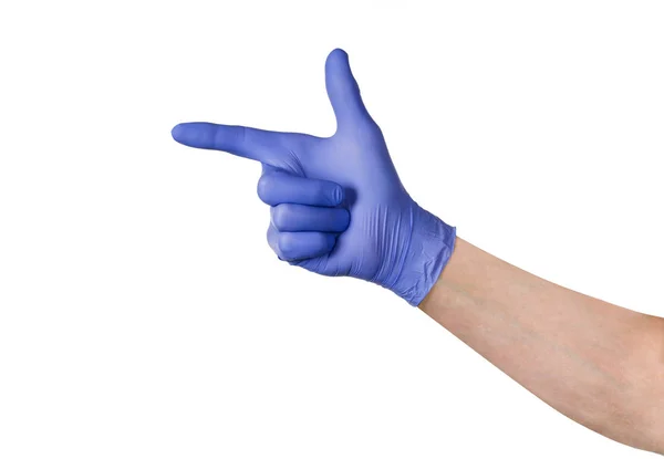 Male hand in blue cleaning latex glove isolated on white — Stock Photo, Image