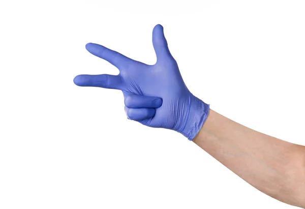 Mão masculina em luva de látex de limpeza azul isolada em branco — Fotografia de Stock
