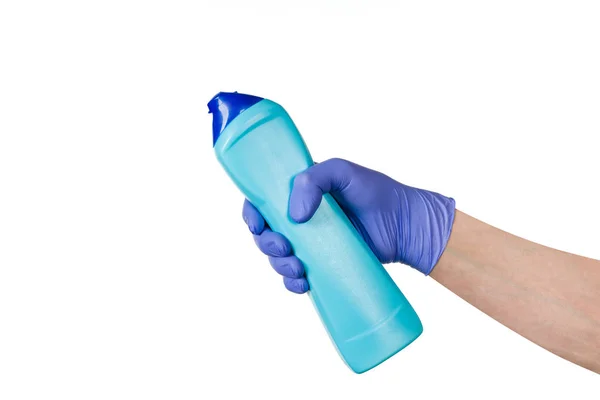 Mano masculina en guante de látex de limpieza azul aislado en blanco —  Fotos de Stock