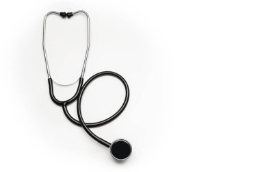 Beyaz arka plan üzerinde izole stetoskop. Üstten Görünüm fotoğraf