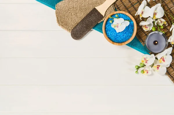 Spa frame top view. Background on white wooden table