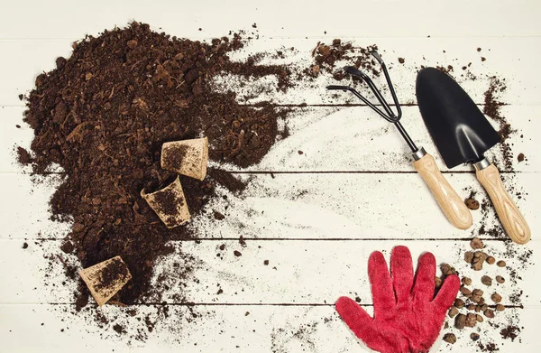 Herramientas de jardinería vista superior sobre fondo de tablones de madera blanca — Foto de Stock