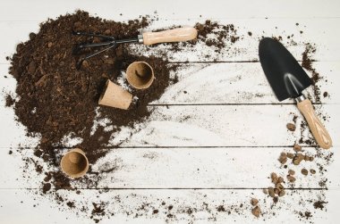 Beyaz ahşap plakalar arka plan üzerinde Araçlar üstten görünüm Bahçe