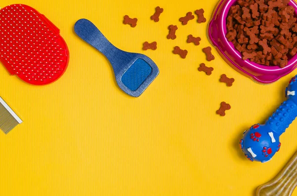 Alimentos para cães e acessórios em fundo amarelo vista superior — Fotografia de Stock