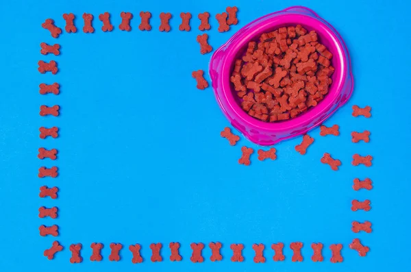 Dog food and accessories on blue background top view — Stock Photo, Image