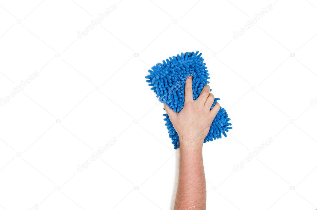 Isolated hand cleaning against a white background, top view