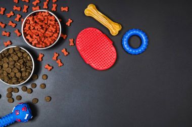 Köpekler için kuru evde beslenen hayvan yiyecek üstünde Siyah Kara tahta arka plan en iyi görüş