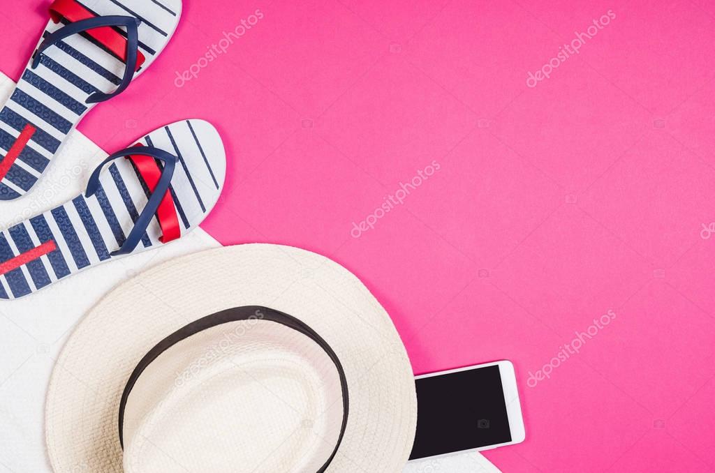 Flat lay photo of womans accessories flat lay, colorful background