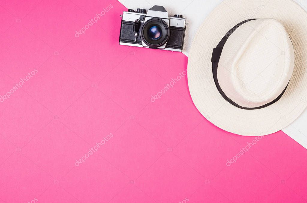 Flat lay photo of womans accessories flat lay, colorful background