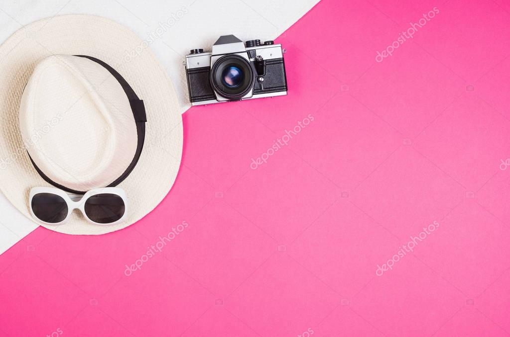 Flat lay photo of womans accessories flat lay, colorful background