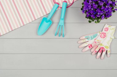 Bahçecilik aletleri üzerinde gri ahşap masa arka plan Üstten Görünüm