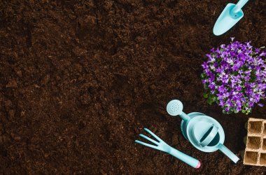 Bahçe Bahçe toprak doku arka plan üstten görünüm araçları