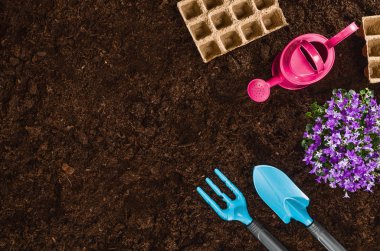 Bahçe Bahçe toprak doku arka plan üstten görünüm araçları