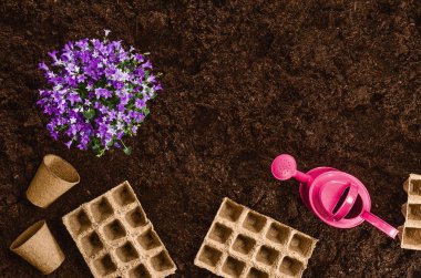 Bahçe Bahçe toprak doku arka plan üstten görünüm araçları