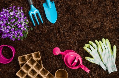 Bahçe Bahçe toprak doku arka plan üstten görünüm araçları