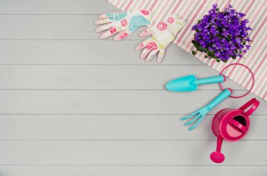 Bahçecilik aletleri üzerinde gri ahşap masa arka plan Üstten Görünüm