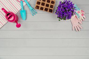 Bahçecilik aletleri üzerinde gri ahşap masa arka plan Üstten Görünüm