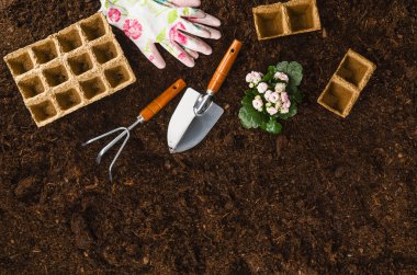 Bahçe Bahçe toprak doku arka plan üstten görünüm araçları